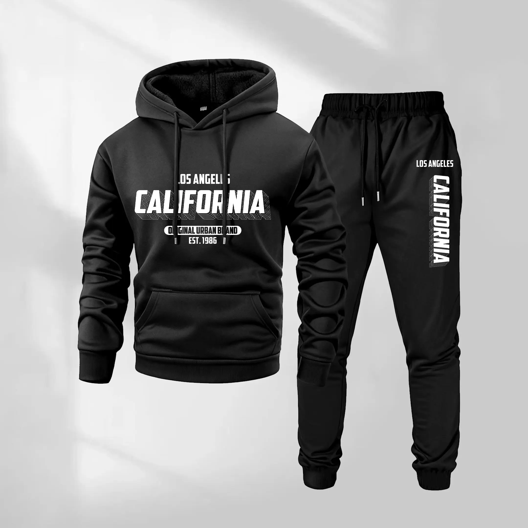 Men's Los Angeles Pattern Hoodie and Drawstring Sweatpants Set with Pockets, Casual Athletic Long Sleeve Hooded Jacket & Jogger Pants for Fall & Winter, Men's Everyday Sportswear, Indoor & Outdoor Tracksuit, Street Style Activewear