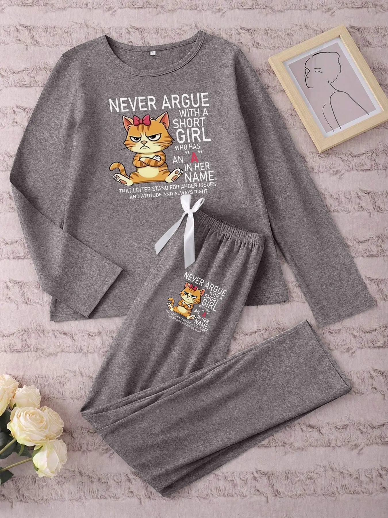 Women's Long Sleeve Pajama Set, Cartoon Cat Print Sleepwear, Fitted Casual Nightwear for Spring & Fall, Comfortable Home Loungewear, Pajamas Lounge Set, Comfy Loungewear Set
