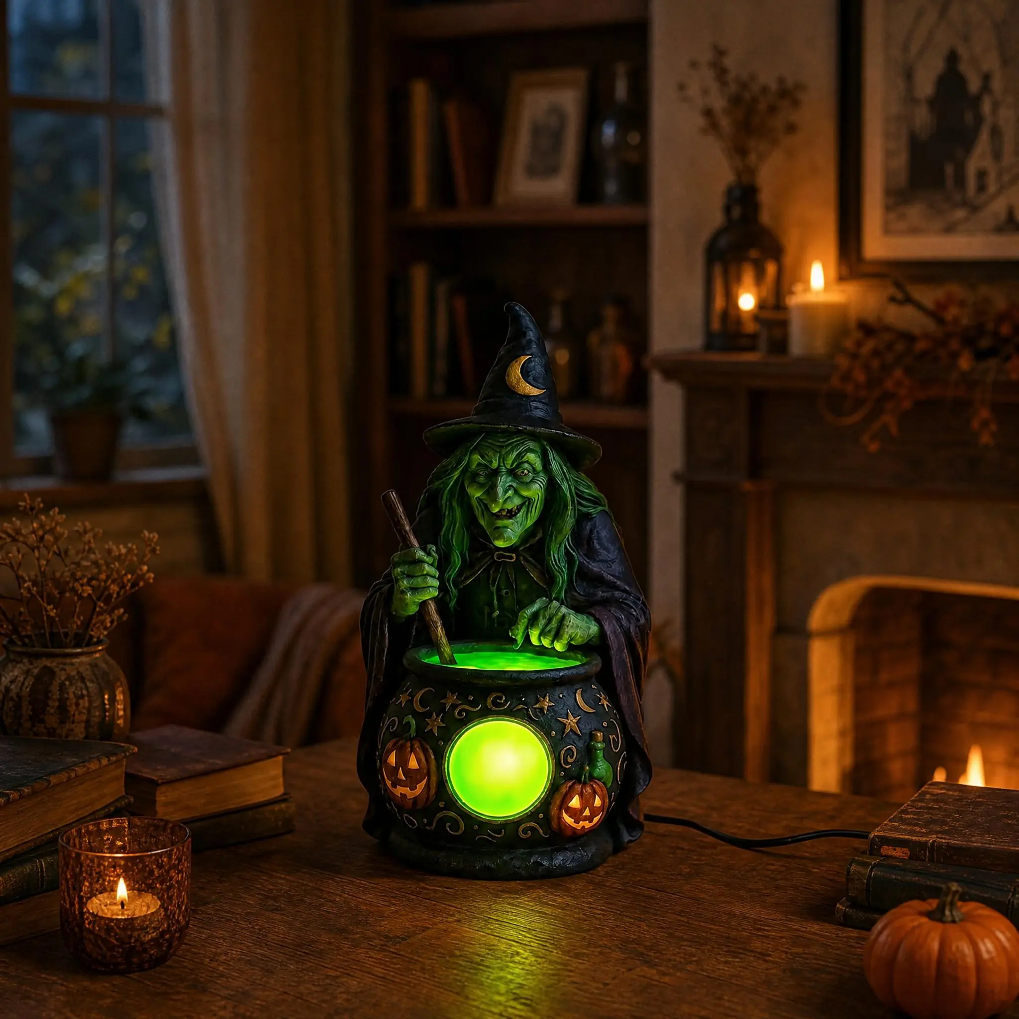 Vintage Resin Glowing Green Witch Cauldron Night Light - Witch Potion-Making Figurine, Halloween Pumpkin Ornament for Indoor Holiday Home Decor
