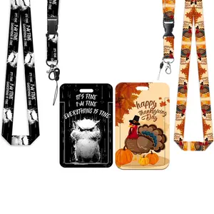 Autumn Leaf Turkey ID Lanyard Set, Detachable Office Badge Holder, Vertical Business Card Protector, Angry Cat Case