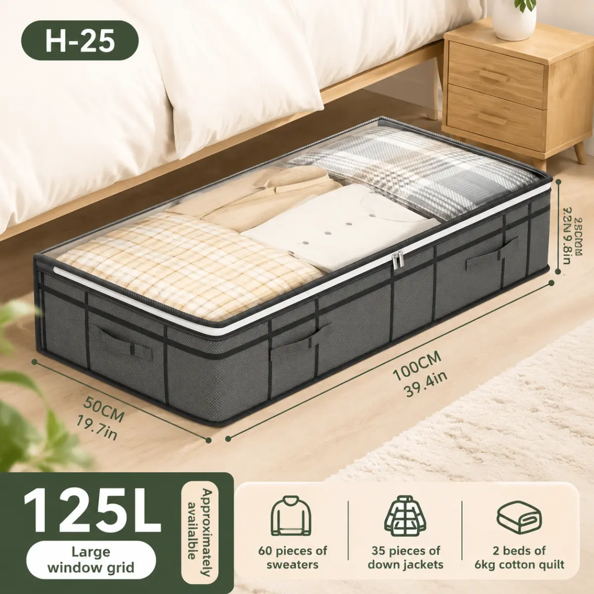 Under Bed Foldable Fabric Storage Bin - Large-Capacity Organizer with Reinforced Handles, Breathable Sturdy Container for Clothes, Bedding, 2 Size Options for Bedroom Space-Saving Home Tidying