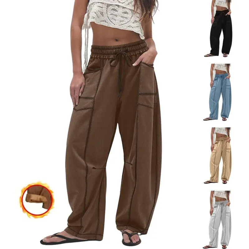 Naeduo Women's Fleece Lined Barrel Leg Pants, Casual Fit Trousers with an Adjustable Drawstring Waist and Deep Pockets for Lounging, Soft, Deep Pocket Pants, Drawstring Sweatpants Pants