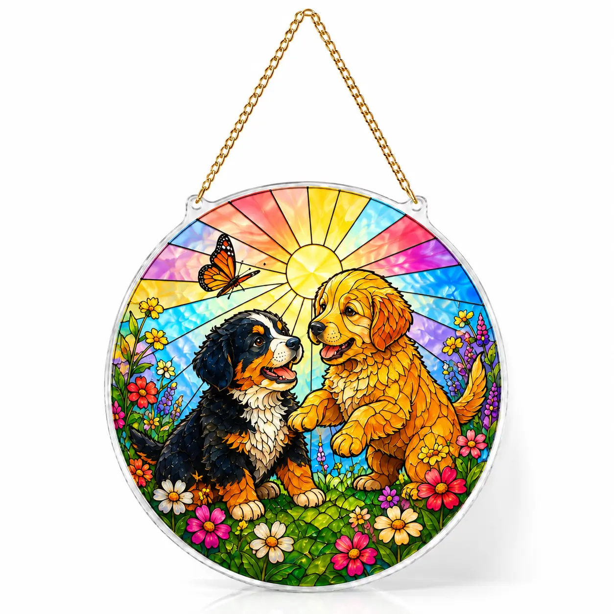 Colorful Dog Suncatcher, Bernese Mountain Dog & Golden Retriever Puppy Window Hanging, Stained Glass Style Acrylic Sun Catcher, Floral Dog Lover Gift, Pet Home Decor, Birthday Christmas Gift for Women