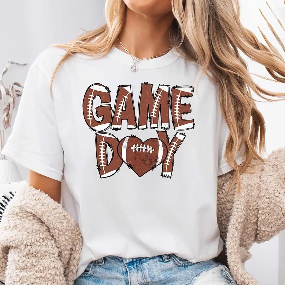 Game Day Football Print Graphic, Neck Drop Shoulder T-Shirt, American Football Game Season Theme, Casual Sports Event Wear