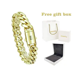 Miami Cuban Link Bracelet, 14K Gold Plated Stainless Steel With S Logo Buckle Hip Hop Jewelry For Men Women