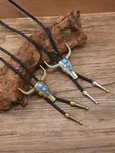 Bull Skull Turquoise Bolo Tie Necklace, Vintage Western Cowboy Style Jewelry with Turquoise Inlay & Braided Leather Cord Detail, for Men & Women, Western-themed Events, Daily & Cosplay Occasions