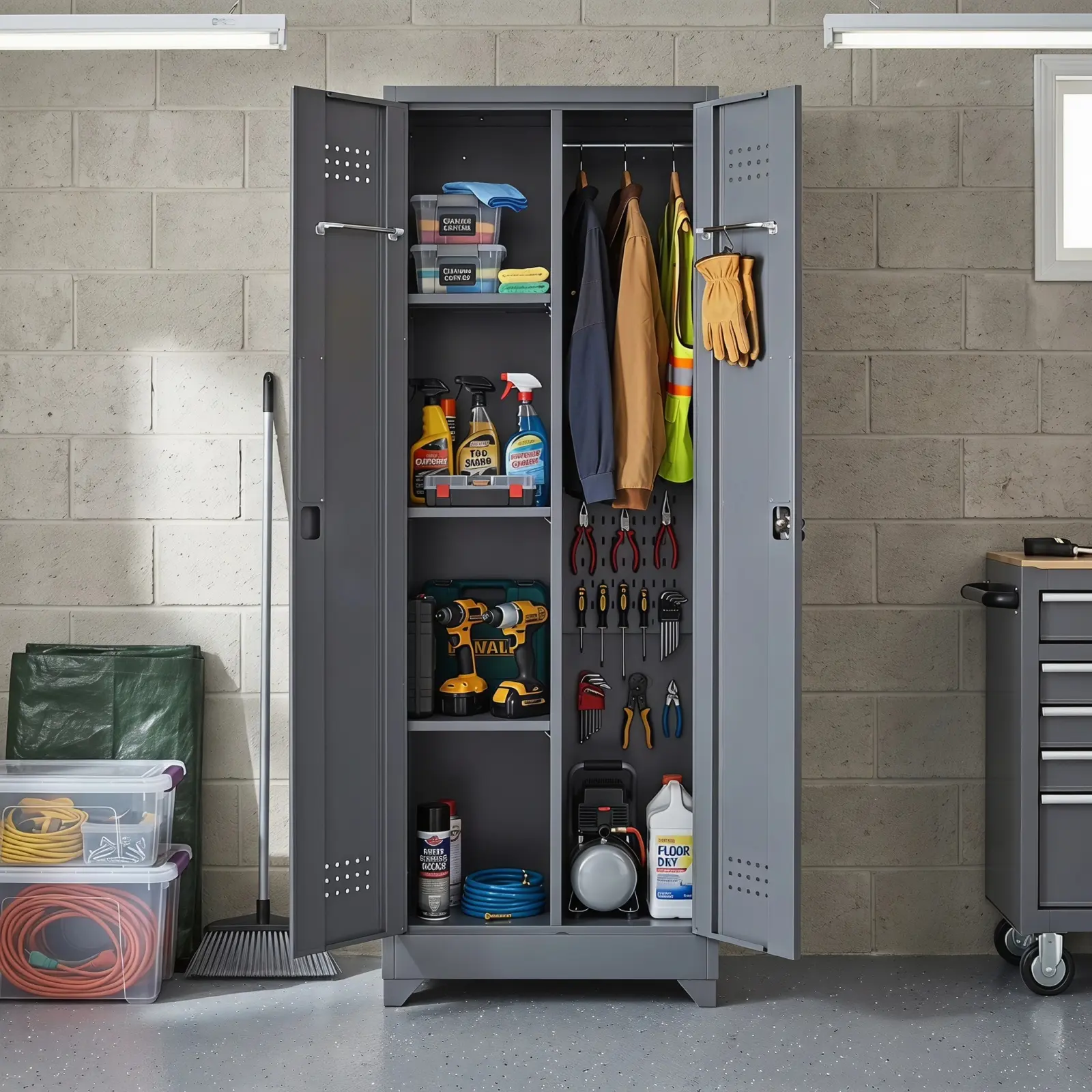 65" Anti-Rust Steel Frame Lockable Broom Storage Cabinet with Adjustable Shelves, Hanging Rods, Hooks, Ventilated Design, Strong Load-Bearing, Assembly Required, Garage Tool Organizer for Laundry Room, Office, Grey
