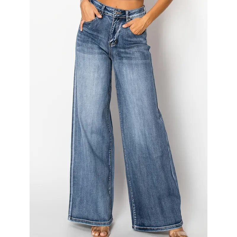 Dark Wash Plus Size Women's High-Waist Wide-Leg Jeans | Curve-Enhancing Stretch Denim Trousers (1X-6X)