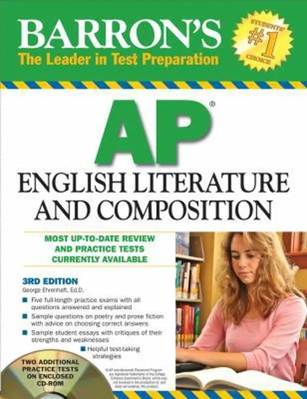Used Barron's AP English Literature and Composition Paperback Book - George Ehrenhaft Ed. D., 2010 Edition, 384 Pages, 1.45 lbs, Like New, Test Preparation with Practice Tests & Sample Essays with Critiques, for Students