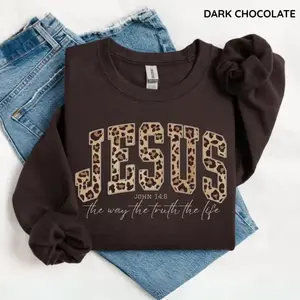 Christian Jesus leopard print sweatshirt, cheetah printed Bible verses, fashionable faith clothing gifts, Jesus loves you, living the way of truthRAIMENTRY