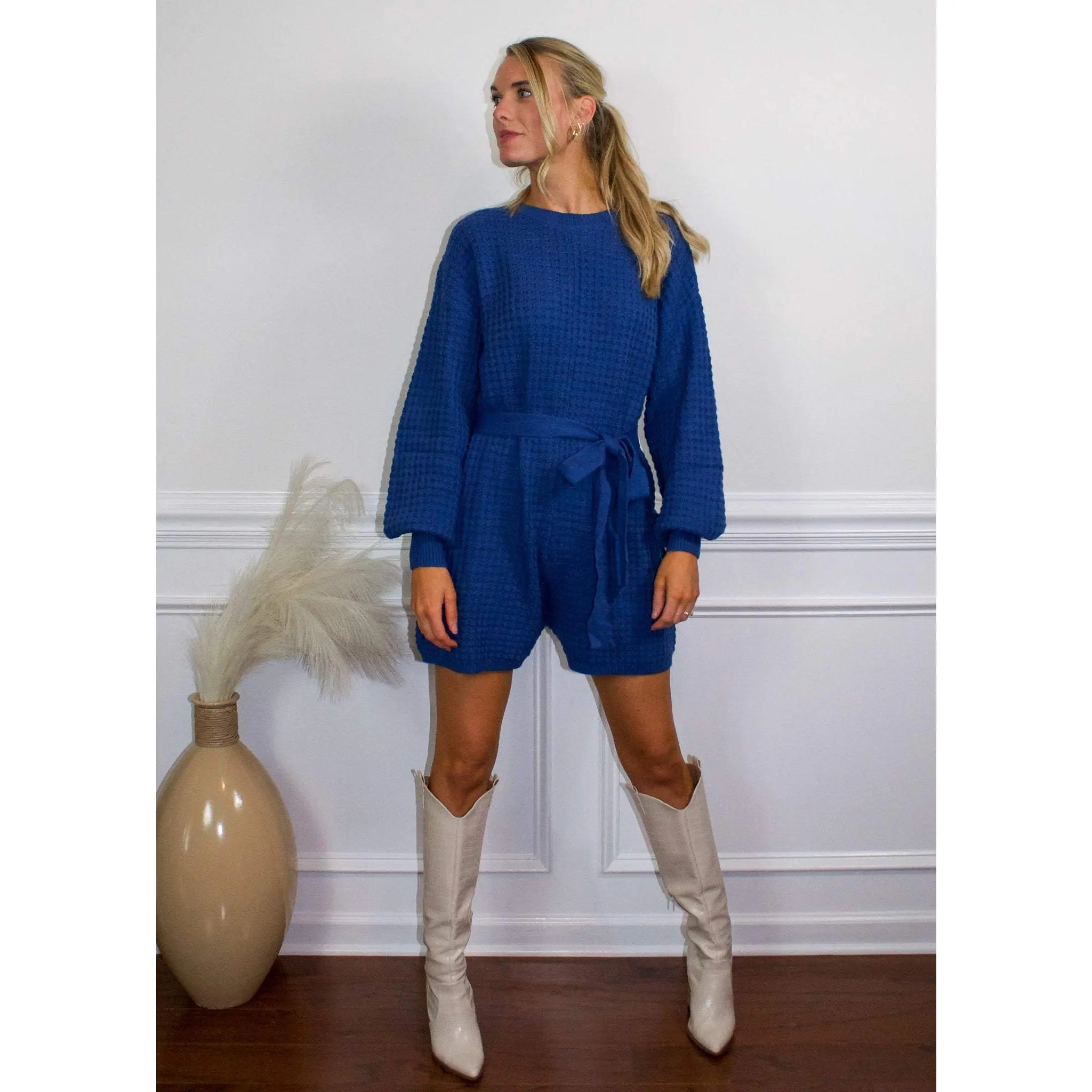 Stay Home Waffle Sweater Romper in Navy