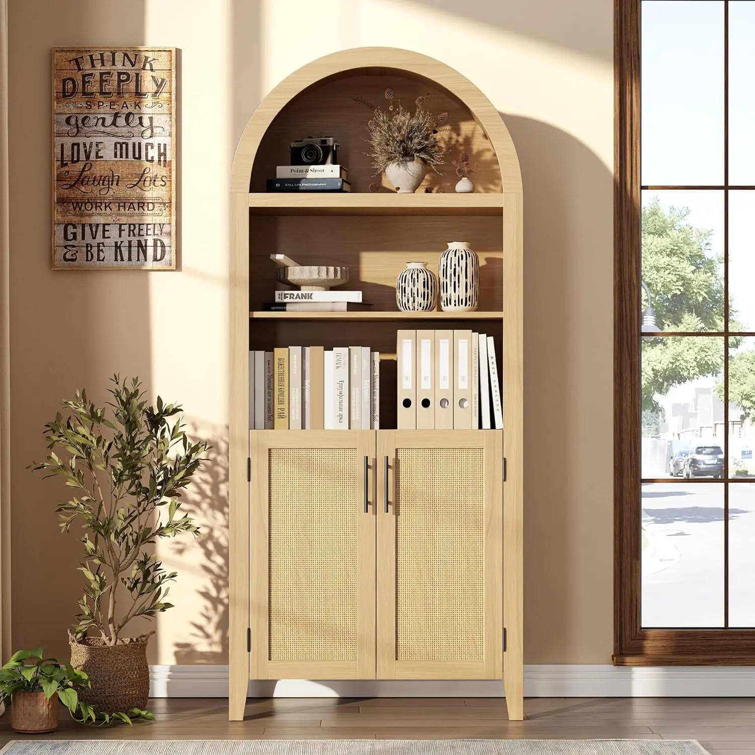 5-Tier Arched Top MDF Board Bookshelf with Doors - Contemporary Rattan Decor Organizer, Assembly Required Storage Cabinet for Home Library, Practical Stylish Solution for Home Office