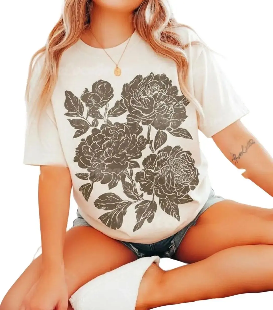 Vintage Linocut Flower Tshirt, Graphic Print Peonies Sweater Ranunculus Woodcut Stamp Tee Cottagecore Boho Botanical Shirt