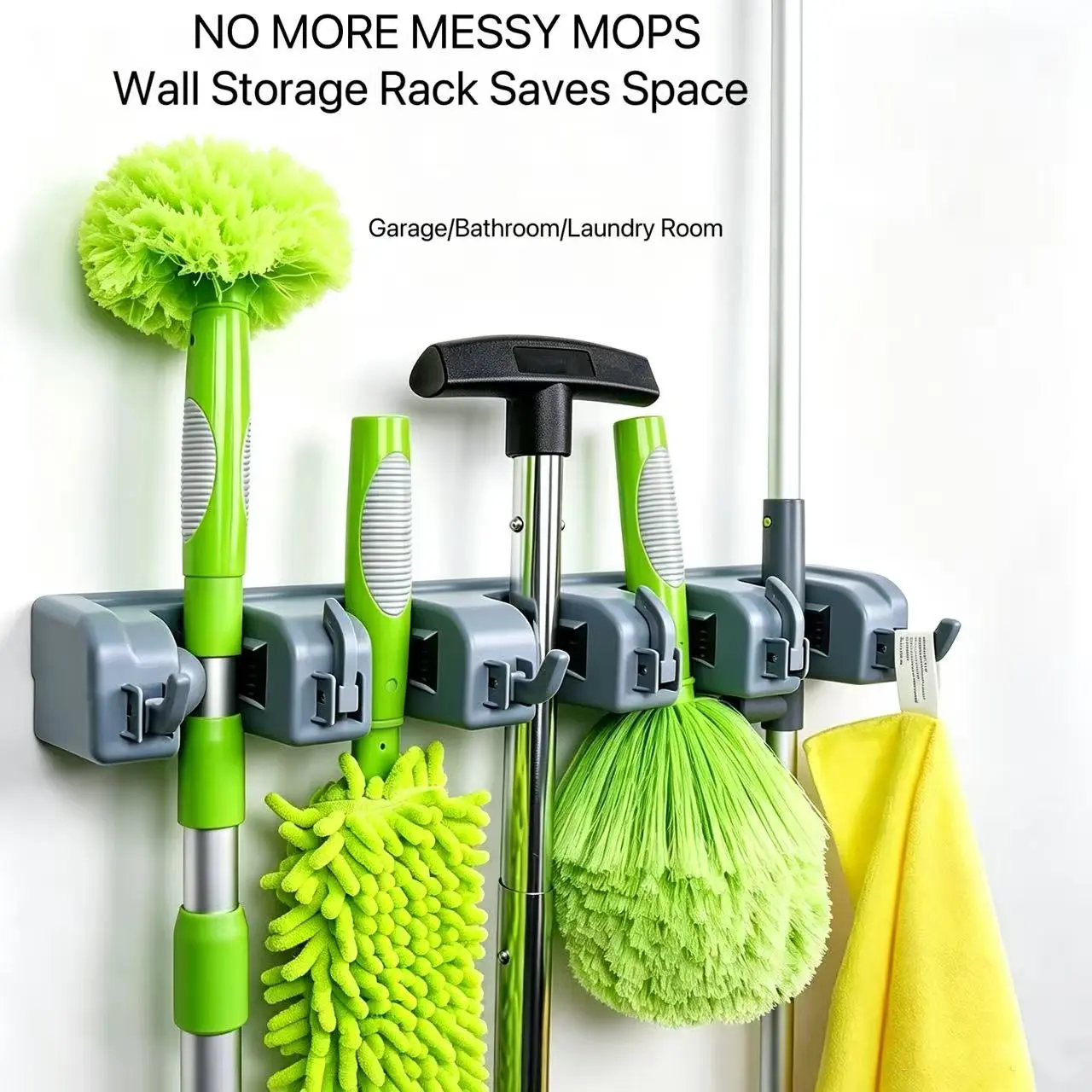 Thickened wall-mounted storage rack for mops and brooms, with 5 spring clips and hooks, non-slip organizer for garage and laundry room