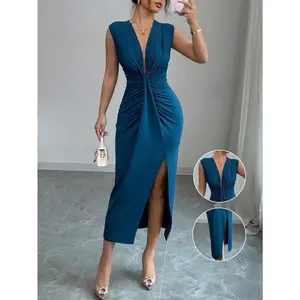 Elegant Sleeveless Deep V-Neck Ruffle Hem Slit Spring/Summer Dress for Women