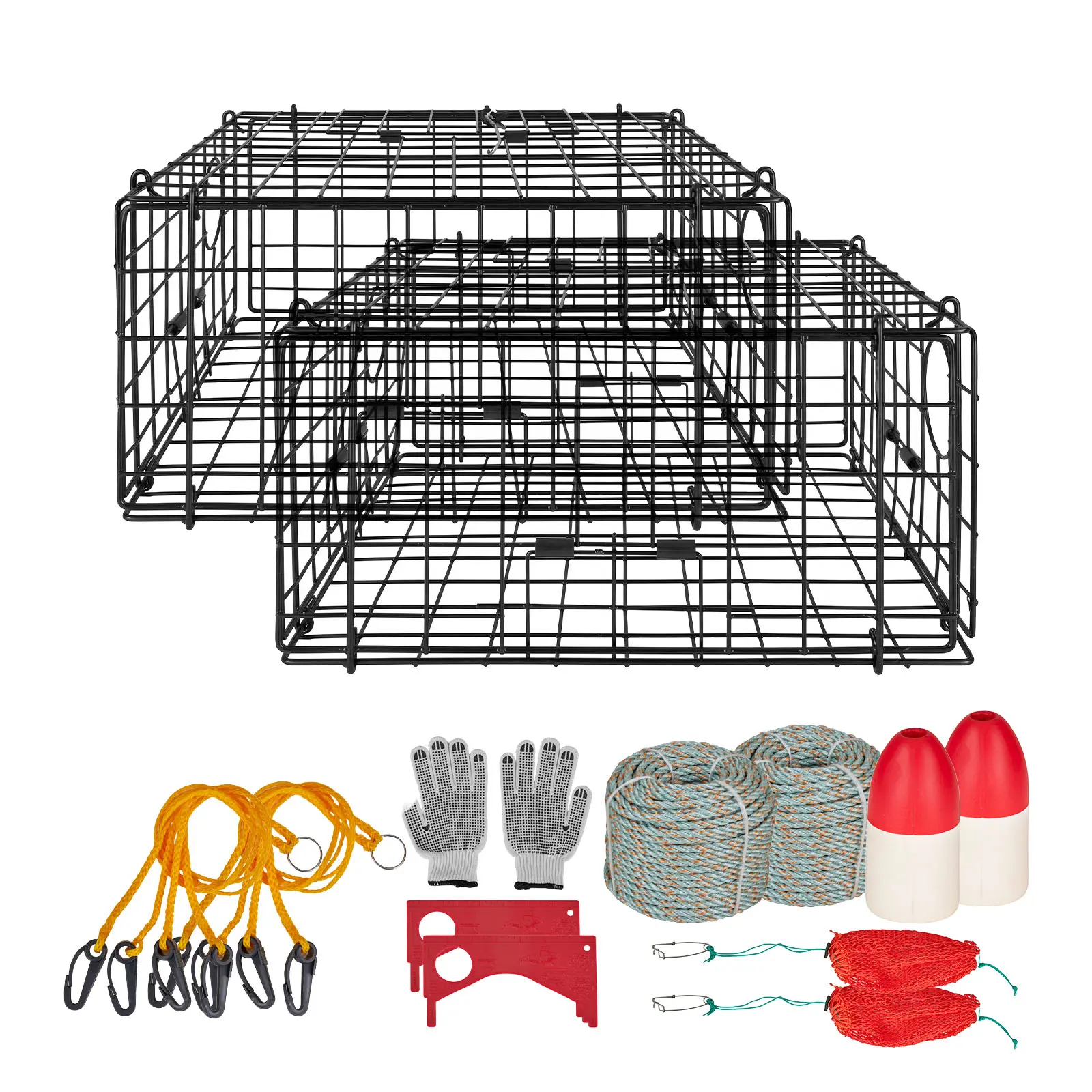 VEVOR Crab Trap, 2 Packs, 24.4x24.4x11.8 inch Heavy Duty Large Crab Pot Trap for Dungeness, Black PVC Coated Wire Mesh for Stealth, with Gauge, Red/White Float, 100ft Leaded Core Rope, and Gloves