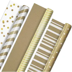 Hallmark White and Gold Wrapping Paper Rolls for Graduation, Birthday, Wedding, Bridal Shower, All Occasion - Brown Kraft Gift Wrap (Set of 3 Reversible Rolls: 75 Sq. Ft. Ttl.) Hallmark