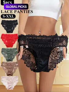 4/5/6-Piece Pack of Sexy Sheer Floral Lace Triangle Panties for Women, High Cut Underwear, Sizes S-XXL, Solid Color Silky Satin Trim Briefs, Perfect for Everyday Wear and Dates, Lace Panty