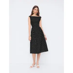 Cider Linen-blend Boat Neck Polka Dot Backless Bowknot Midi Dress SwimWeek