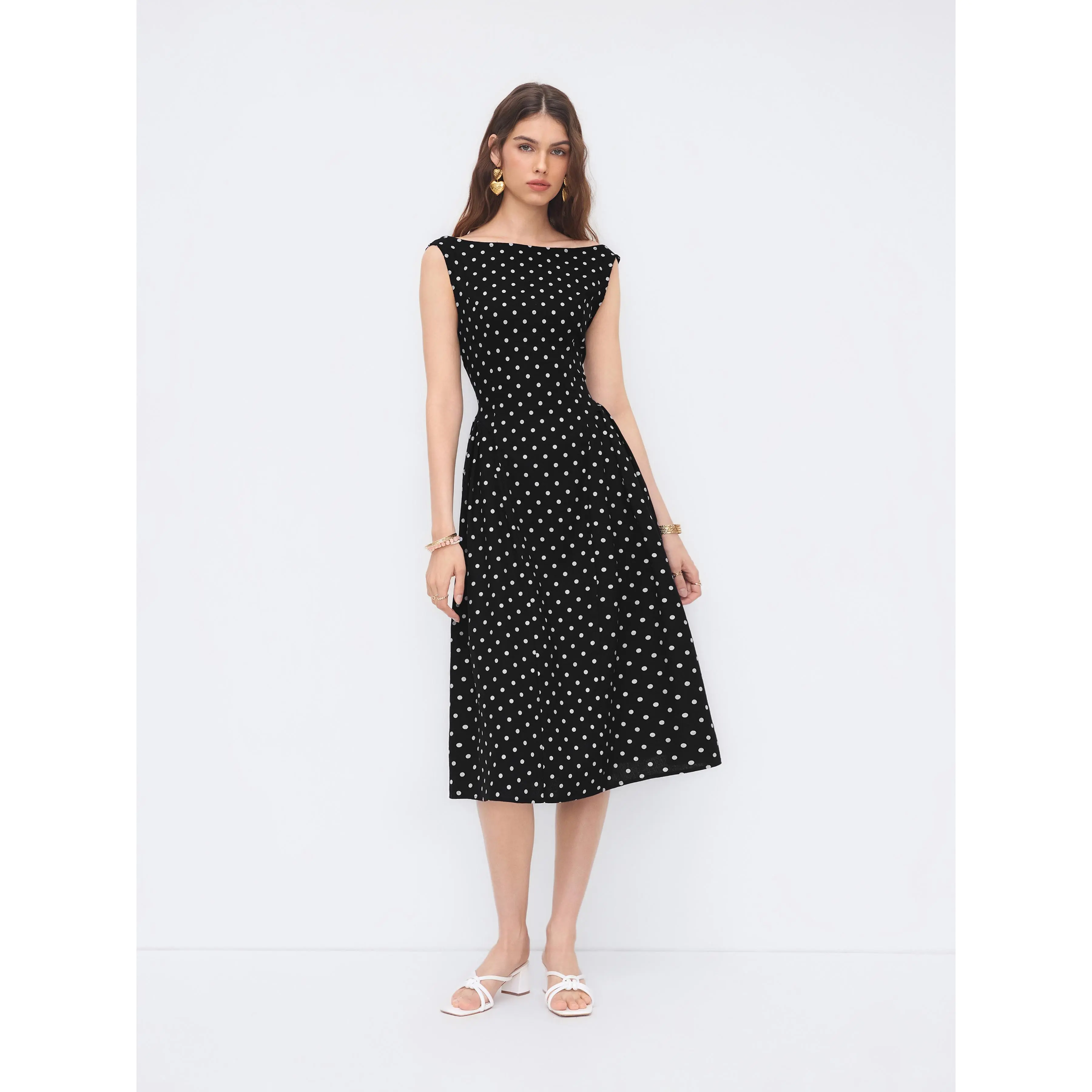 Cider Linen-blend Boat Neck Polka Dot Backless Bowknot Midi Dress SwimWeek  - TikTok Shop