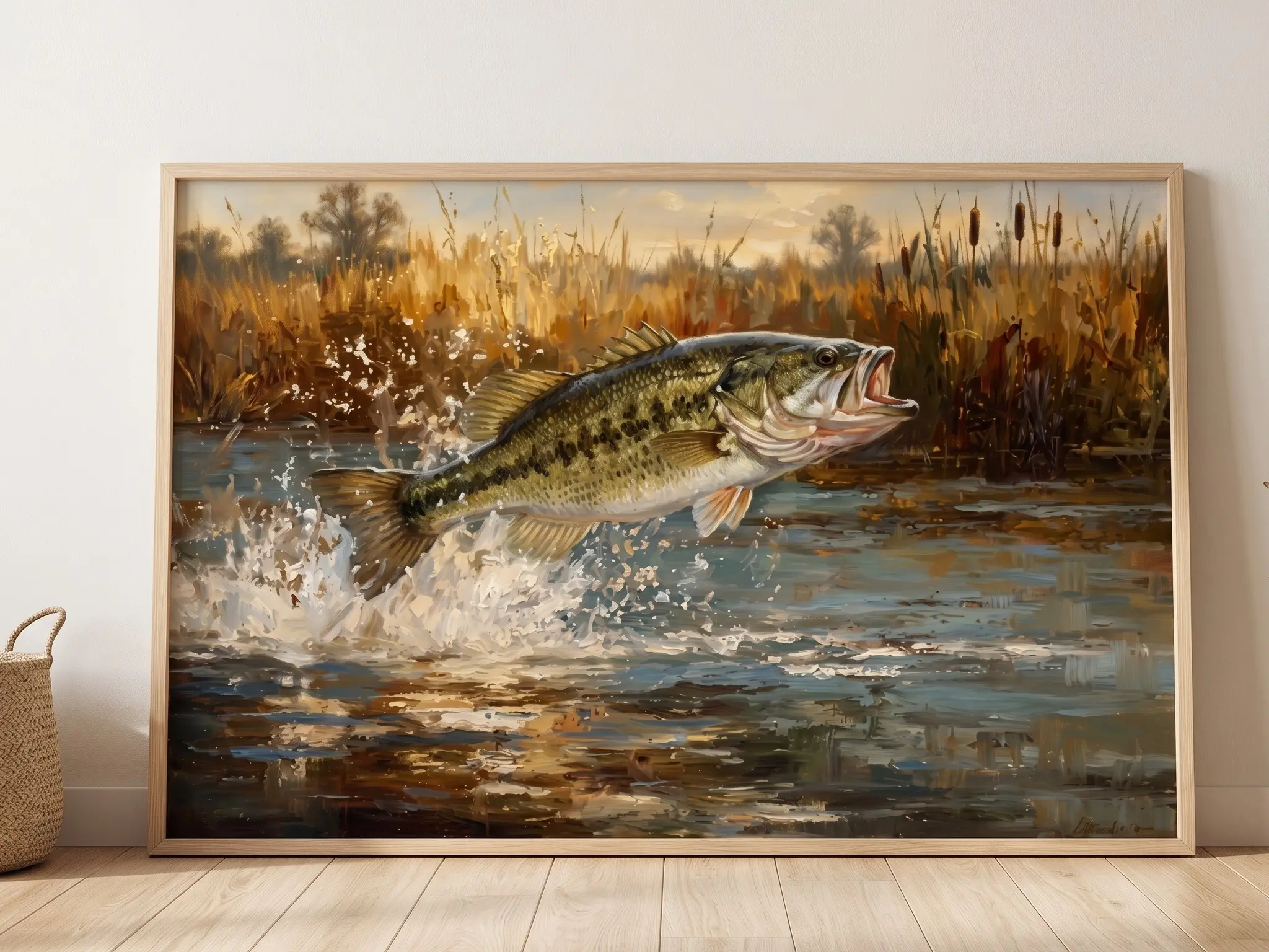 Largemouth Bass Unframed Poster, Jumping Fish Oil Painting Print, Rustic Cabin Wall Art, Outdoor Sports Decor, Premium Hybrid Paper for Living Room & Office