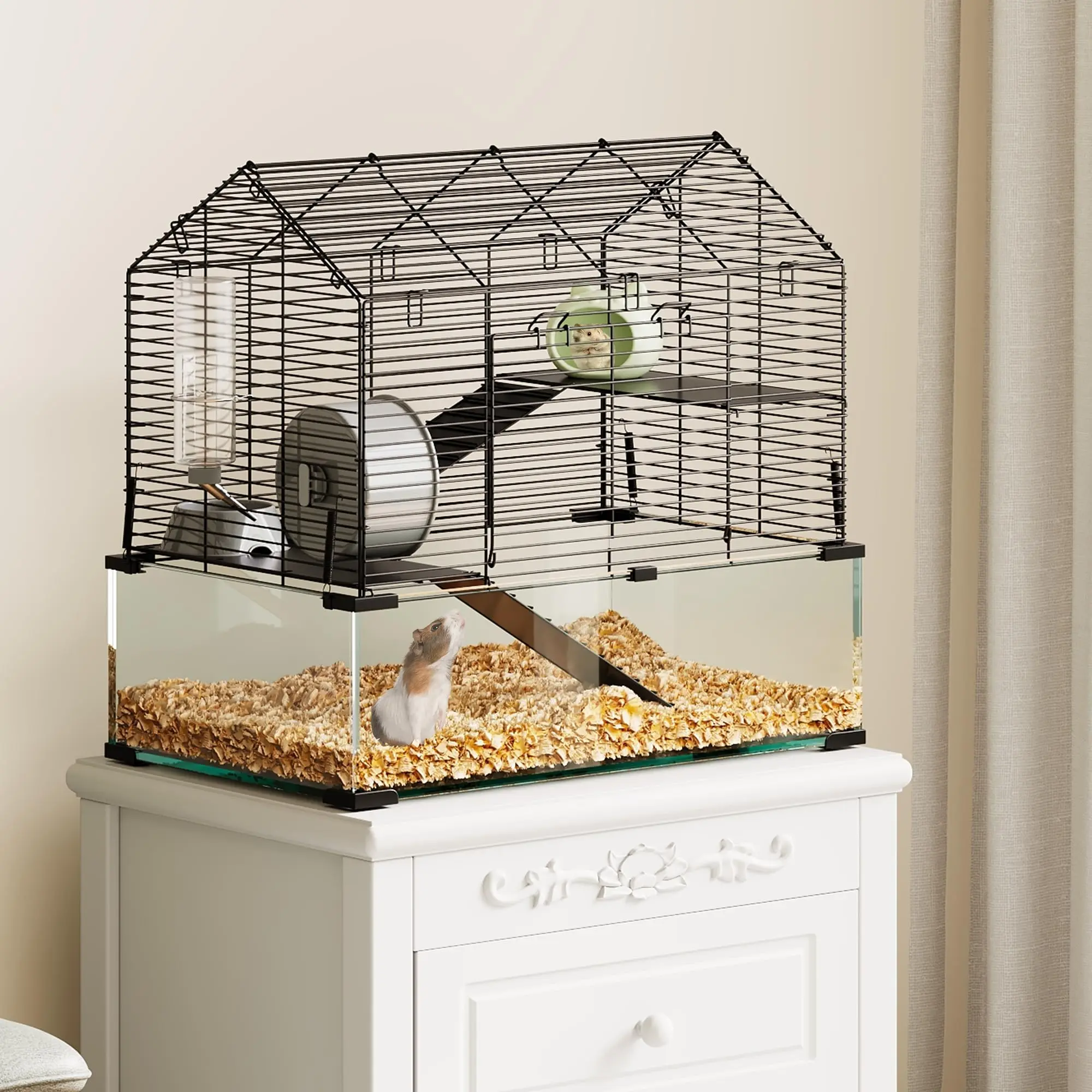 YJ-Garvee 3-Tier Large Hamster Cage with 360° Transparent Viewing, Includes Water Bottle, Hut, Running Wheel, Food Dish - Spacious Enclosure for Guinea Pigs, Gerbils, Chinchillas