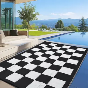 Outdoor Rug Waterproof UV Resistant Plastic Straw Rug Reversible Stain Resistant Floor Mat Modern Checkered Lightweight Camping Carpet for Backyard, Deck, Balcony, Black & White