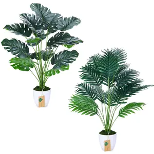 Der Rose 2-Piece Decorative Fake Greenery Set, 28in Large Artificial Palm Tree & Faux Eucalyptus Indoor Flower in White Pots for Home, Office Floor Decor, Plastic Outdoor Decor Accents