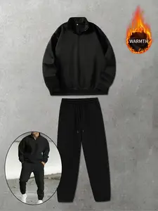 Oversized Quarter Zip Sweatsuit, Cozy Warm Fleece Lined Black Casual Set, Streetwear Stand Collar Pullover & Baggy Pants 2 Piece Set