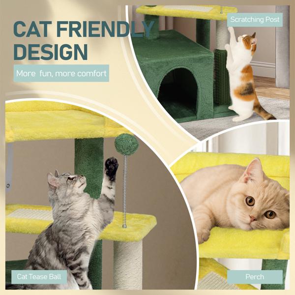 Cat Tree House And Towers For Big Feline Scratching Post Multi-Level Large Kitty Climbing Tower With Curved Perch Cozy Condo Padded Top Bed Kittens Indoor Cats Beige Green，Fashion Accessories Fabric Buddy