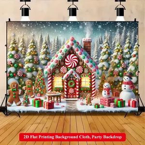 2D Flat Printing Backdrop Banner 1pc, Magical Gingerbread House Scene Vibrant Polyester Background Cloth for Family Party, Wedding, Birthday, Christmas, Thanksgiving, Fall, Entryway, Room Decorations, Easy to Set Up, Reusable