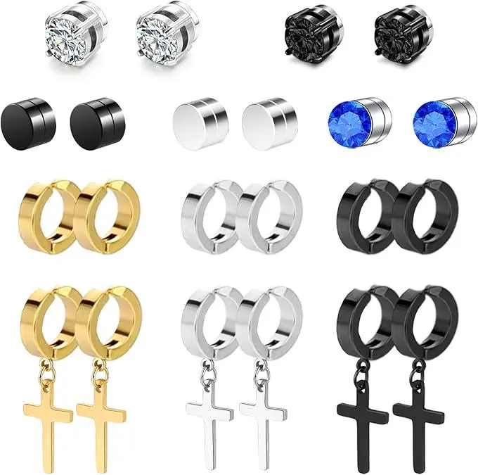 11 Pairs Clip On, Non-Pierced, Fake Earrings - Black Cross Hoop Dangle for Men & Women