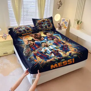 Football Legends Printed Football Motifs Fitted Sheet Set, Bed Linen, Bed Sheets Set, 1 Fitted Sheet & 2 Pillowcases, multiple Styles Available, retro-style Bedding For Football Fans & Collectors