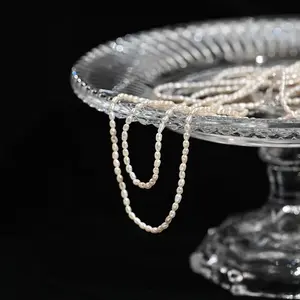Dainashi 925 Sterling Silver 2.5-3.5mm Rice Shape Freshwater Pearl Necklaces 40cm Length Collar Necklaces for Women Jewelry Gift