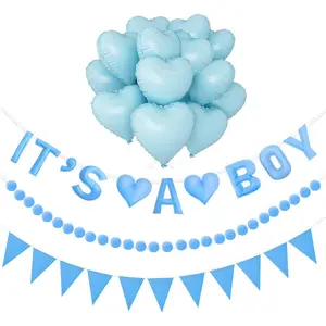 Pre-strung 3D it is a boy felt banner together with pom pom garland triangle fabric bunting and 12 pcs blue heart shaped balloons make this gender reveal banner set ideal for baby shower decorations for boys