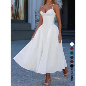 Pure Color Elegant Sleeveless Long Lady Summer Dress, Waist Cinched Design, Fitted Style, Plain Pattern, Perfect for Various Occasions, Formal