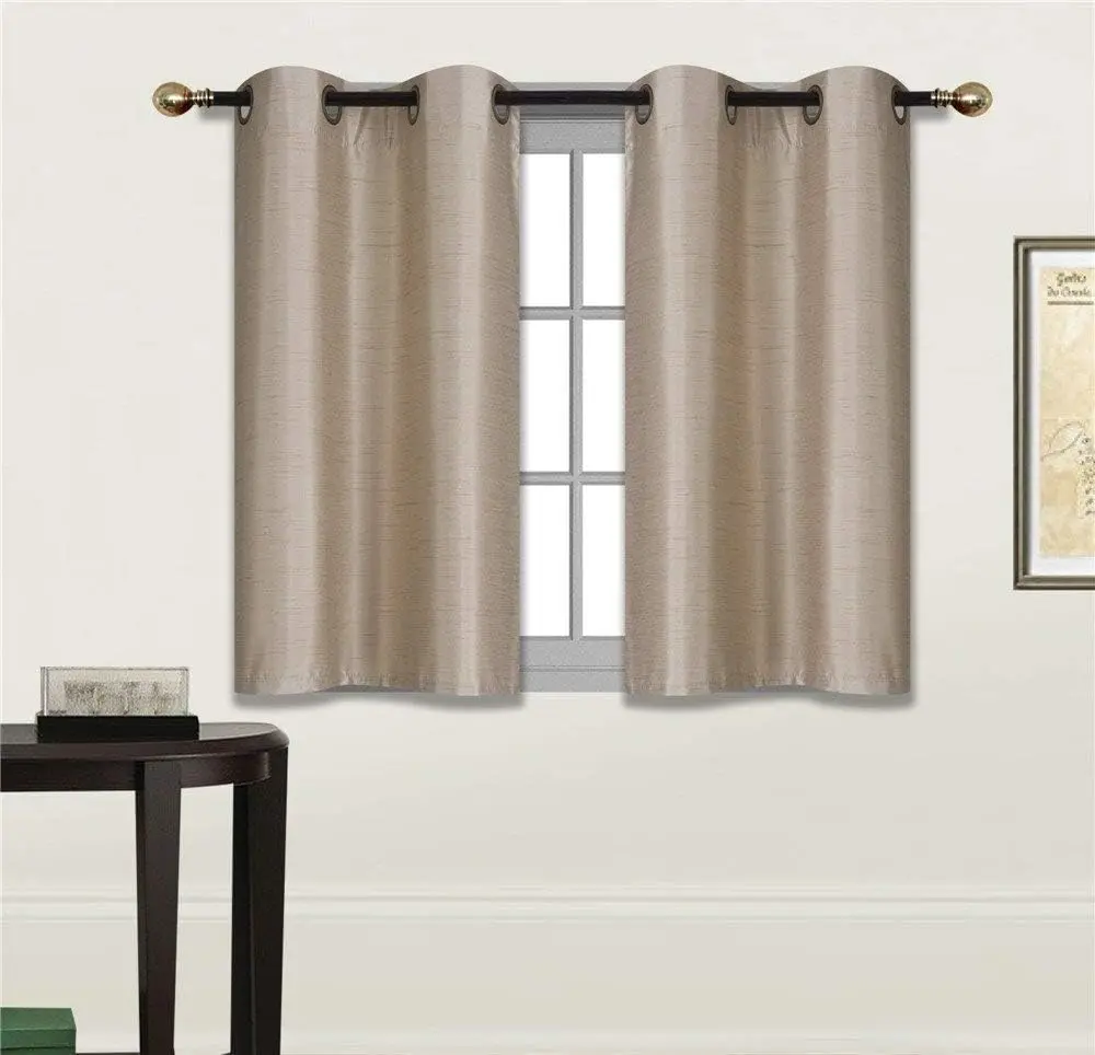 2 Panel Faux Silk Blackout Curtain Set Solid Taupe with Grommet Top Room Darkening Short Tier Drapes for Kitchen, Bathroom or Any Small Window