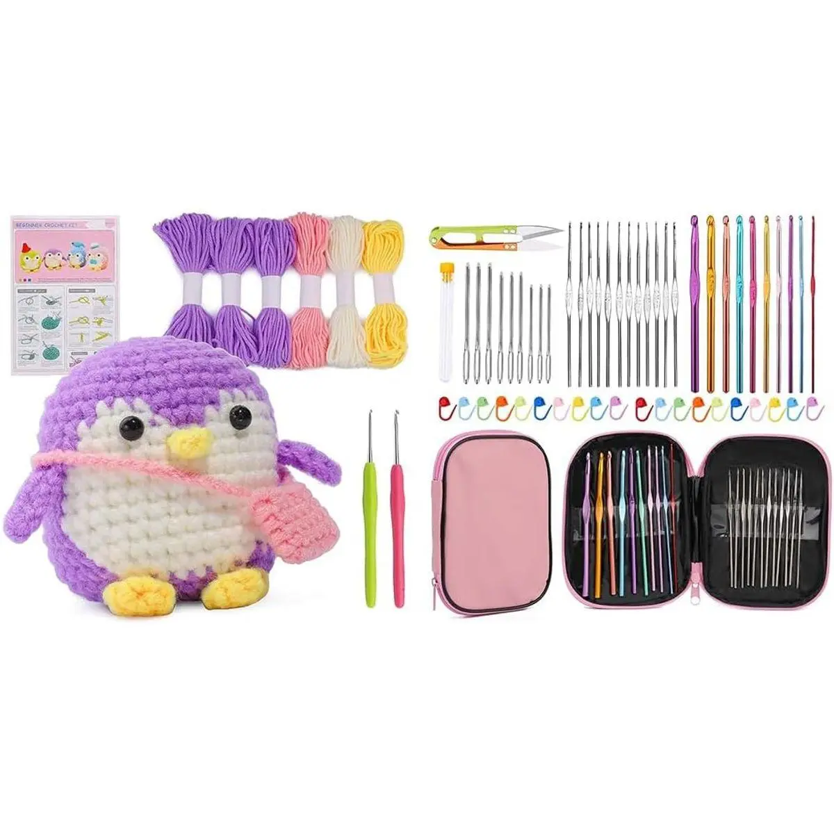 Crochet Kit for Beginners with 54pcs Crochet Kit, Cute Crochet Starter Kit with Video Tutorial, Crochet Hooks, Colored Yarns, Complete Crochet Set to Make Purple Penguin