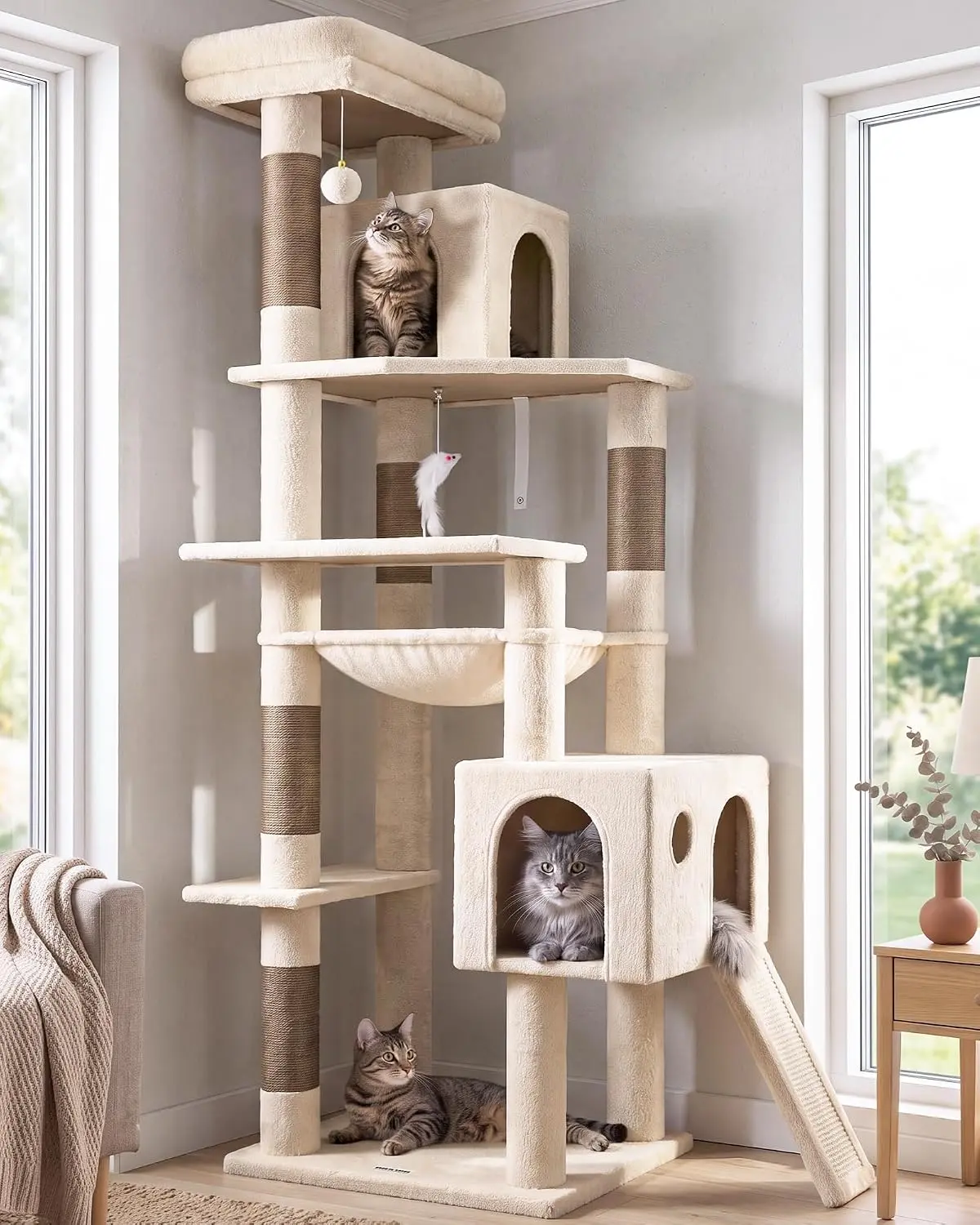 Heavy Duty Cat Tree Tower, 70inch Sturdy Cat Tree for Indoor Cats Sturdy Large Cat Tower with Scratching Post and Scratching Board, Hammock, Cat Condo for Adult Cats Kittens, F70 Pro, Beige