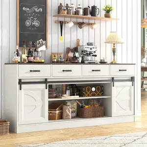 70” Large Long Buffet Sideboard Cabinet w/4 Drawer,Farmhouse Buffet Storage Cabinet,Sliding Door,Buffet Coffee Bar Cabinet, Credenza for Living Room,White/Brown/Off White/Black
