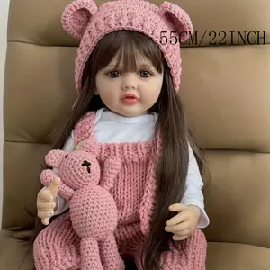 Realistic Lifelike Reborn 55 CM/22 Inch Pink Girl Doll with Long Brown Hair, Floral Outfit, Ideal for Gifts on Various Occasions Stuffed Animal Teddybear