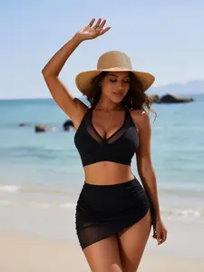2026 New Fashion Solid Color Sexy Mesh Panel Drawstring Two-Piece Women's Swimsuit