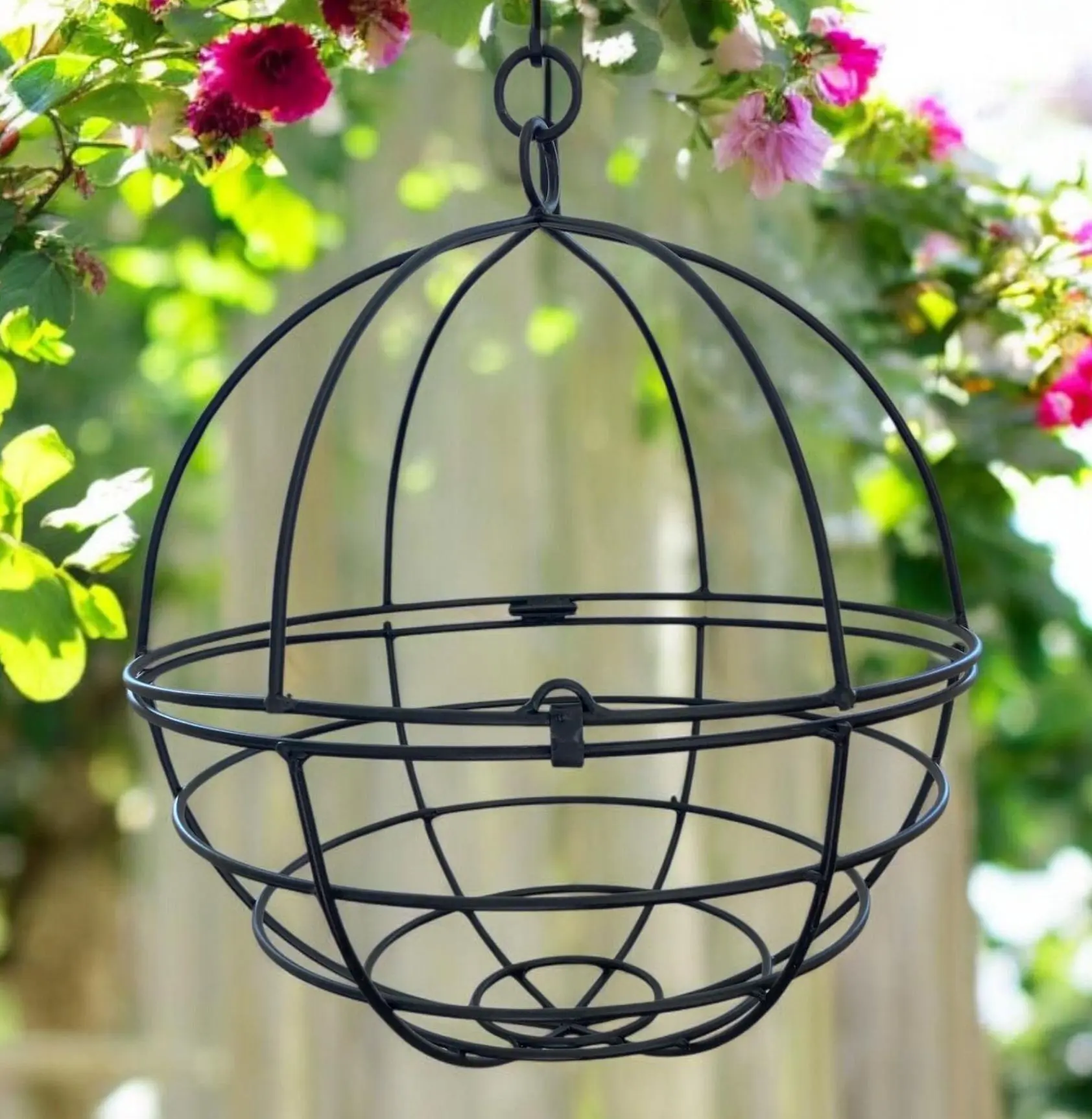 Large Wrought Iron Hanging Globe Planter – Rustic Metal Garden Ball Basket for Indoor & Outdoor Decor | Handmade Amish Clam Shell Flower Holder