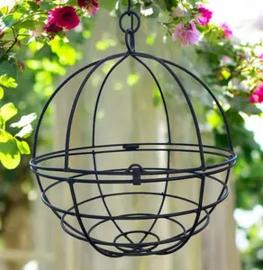 Large Wrought Iron Hanging Globe Planter – Rustic Metal Garden Ball Basket for Indoor & Outdoor Decor | Handmade Amish Clam Shell Flower Holder