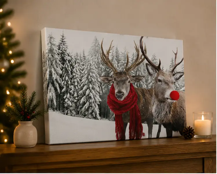 Christmas Reindeer Canvas Wall Art, Winter Snow Forest Rudolph Red Nose Deer with Red Scarf, Xmas Holiday Decor for Living Room Bedroom Home Decoration