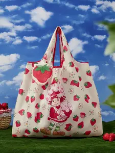 Strawberry Shortcake Cute Strawberry Print RPET Foldable Reusable Shopping Bag with Adorable Strawberry Design & Floral Accents