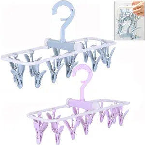 2 Pack Small Folding Portable Clothes Drying Racks with 12 Clips 360° Rotatable Hook, Underwear Hangers for Drying Socks Towels Bras Baby Clothes Gloves