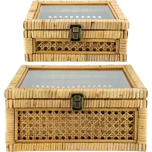 Rattan Square Box with Lid - Set of 2 Wicker Decorative Bins with Cover for Display