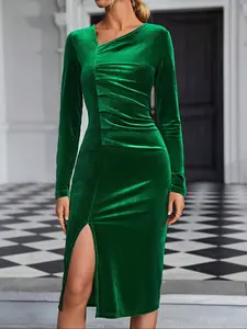 Women's V-Neck Velvet Dress, Long Sleeve Slim Fit Elegant Party Gown, Fall & Winter Fashion, Cross-Border Style