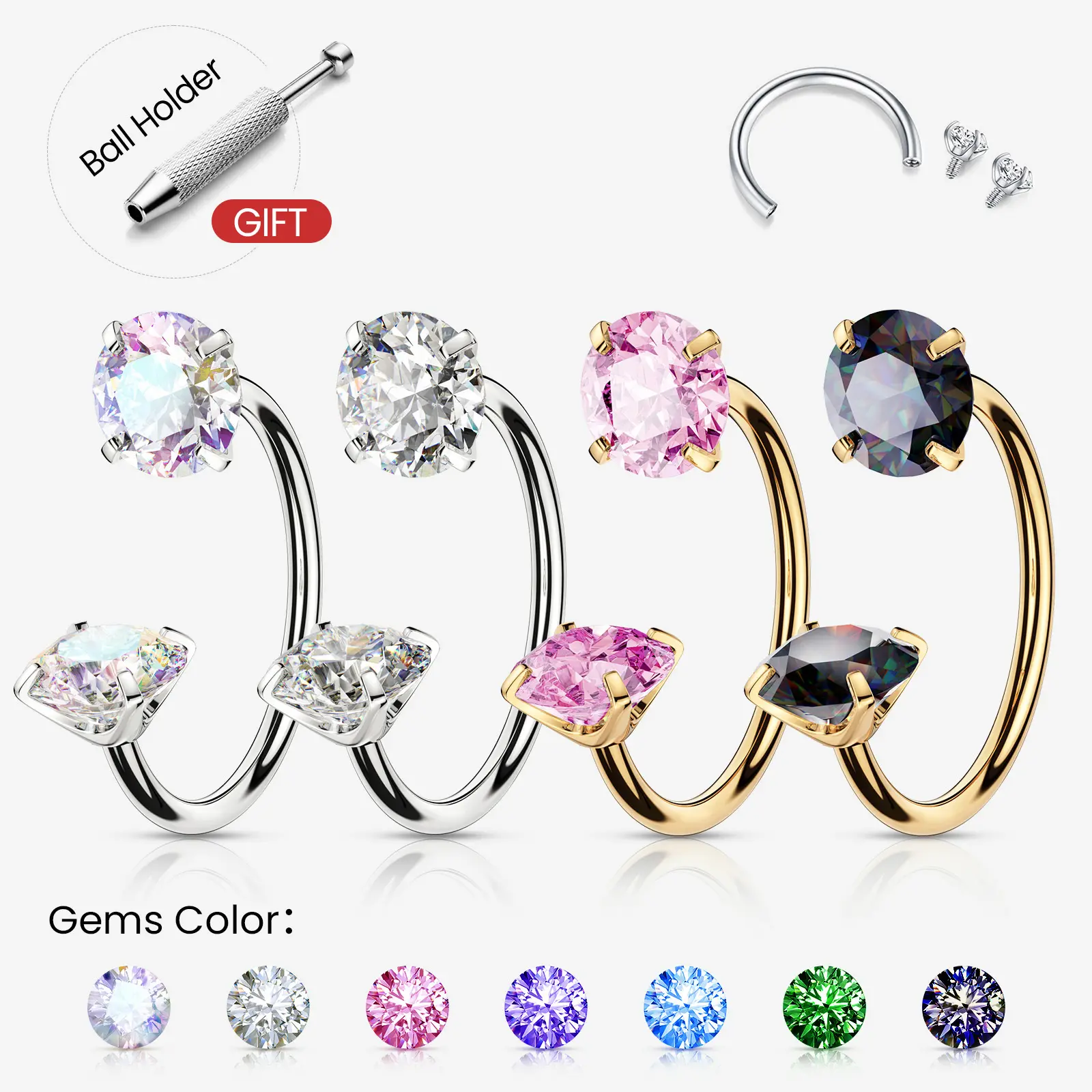 2PCS Titanium 20G/18G/16G Horseshoe Nose Ring(Free Ball Holder) Internally Threaded Gems,Earring Daith Cartilage Helix,Piercing Jewelry